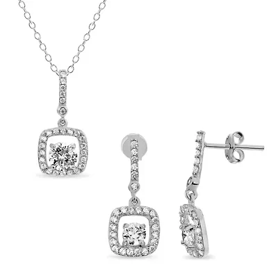 Lab Created Sterling Silver 4mm Cushion White Cubic Zirconia Drop Pendant and Earring Set