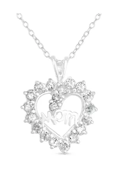 Lab Created Sterling Silver White Cubic Zirconia Mom Heart Pendant 18-Inch Necklace