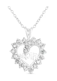 Lab Created Sterling Silver White Cubic Zirconia Mom Heart Pendant 18-Inch Necklace