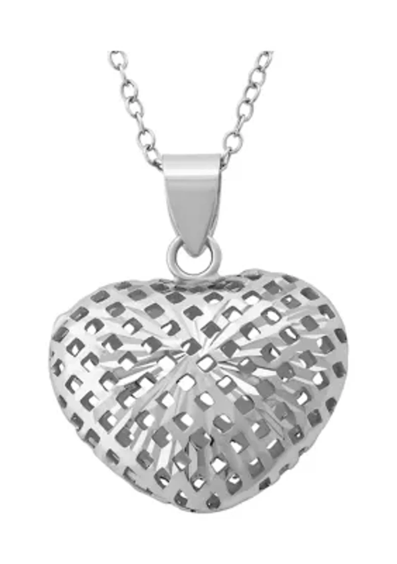 18-Inch Sterling Silver Diamond Cut Basket Puff Heart Pendant Necklace