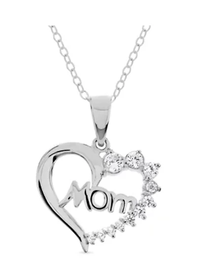 Lab Created CZ Mom Heart Pendant in Sterling Silver
