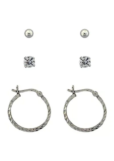 Lab Created White Cubic Zirconia Stud, Ball and Hoop 3 Pair Earring Set in Sterling Silver