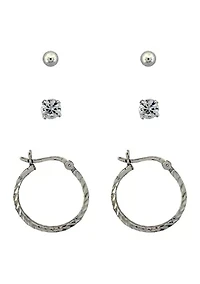 Lab Created White Cubic Zirconia Stud, Ball and Hoop 3 Pair Earring Set in Sterling Silver