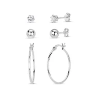 Lab Created Sterling Silver 4mm White Cubic Zirconia Stud, 6mm Ball and 25mm Twist Hoop 3-Pair Earring Set