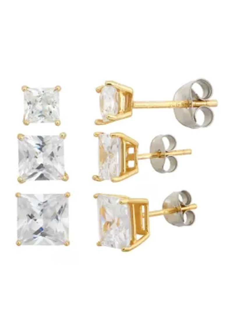 Lab Created White Cubic Zirconia Square Graduated Stud 3 Pair Earring Set in 18kt Gold Plated Sterling Silver