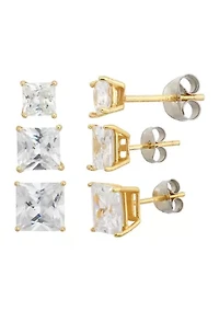 Lab Created White Cubic Zirconia Square Graduated Stud 3 Pair Earring Set in 18kt Gold Plated Sterling Silver