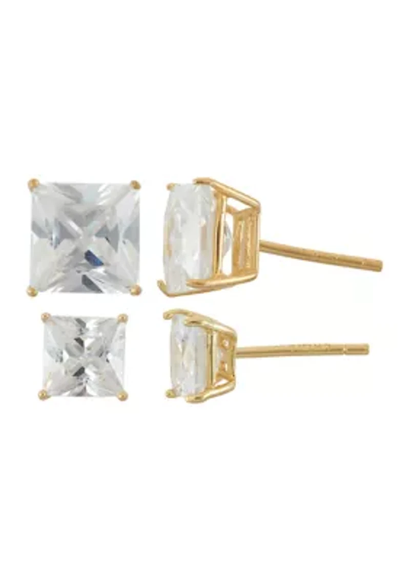Lab Created White Cubic Zirconia Square 6-8mm Stud 2 Pair Earring Set in 18kt Gold Plated Sterling silver