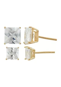 Lab Created White Cubic Zirconia Square 6-8mm Stud 2 Pair Earring Set in 18kt Gold Plated Sterling silver