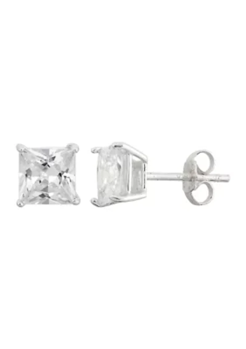 Lab Created White Cubic Zirconia 6mm Square Stud Earrings in Sterling Silver