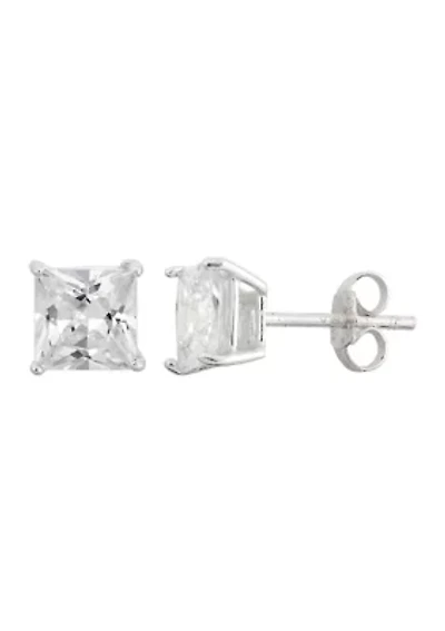 Lab Created White Cubic Zirconia 6mm Square Stud Earrings in Sterling Silver