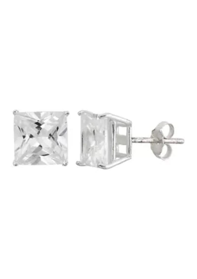 Lab Created White Cubic Zirconia 8mm Square Stud Earrings in Sterling Silver