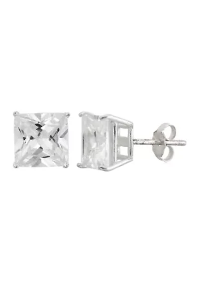 Lab Created White Cubic Zirconia 8mm Square Stud Earrings in Sterling Silver