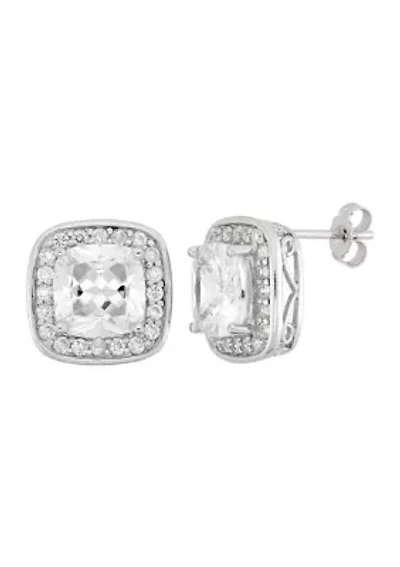 Lab Created White Cubic Zirconia 8mm Cushion Halo Stud Earrings in Sterling Silver