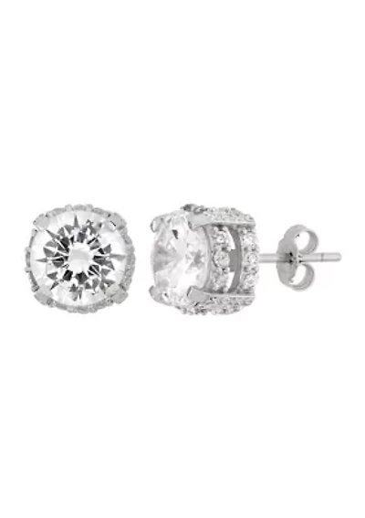 Lab Created White Cubic Zirconia 9mm Halo Stud with Fancy Gallery Earrings in Sterling Silver