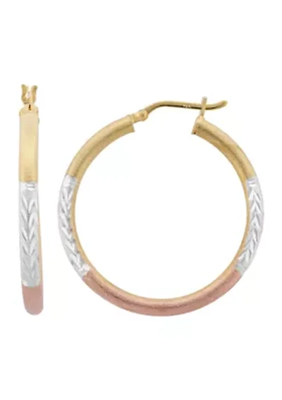 Satin Diamond Cut 35x3mm Hoop Earrings in Three Tone Sterling Silver
