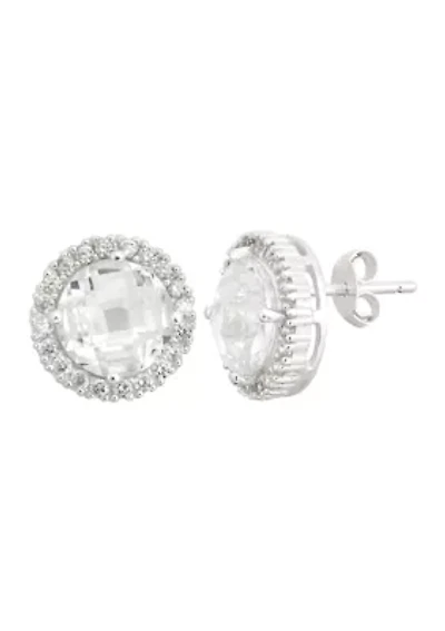 Lab Created White Cubic Zirconia 8mm Checkerboard Halo Stud Earrings in Sterling Silver
