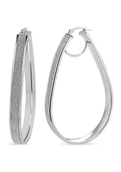  Sterling Silver Rhodium Glitter Pear Shaped Hoop Earrings 