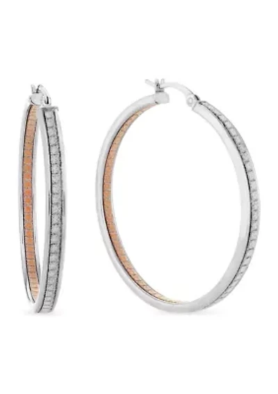 Sterling Silver 40x3.5mm Silver and Gold Glitter Inside Out Hoop Earrings