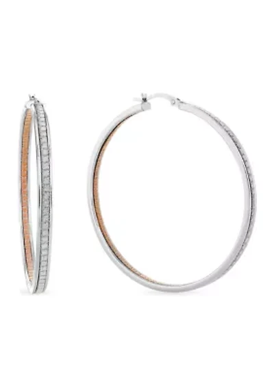 Sterling Silver 50x3.5mm Silver and Gold Glitter Inside Out Hoop Earrings