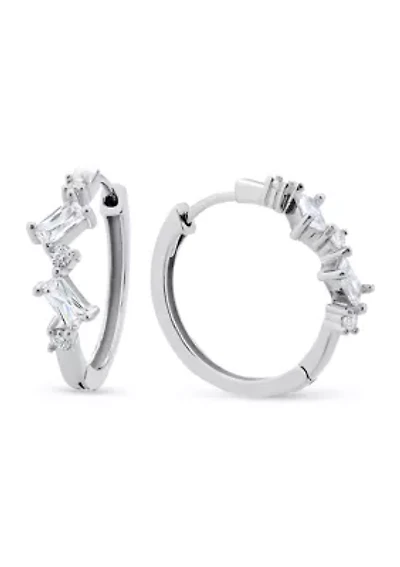 Sterling Silver Emerald and Round Cubic Zirconia Huggie Hoop Earrings