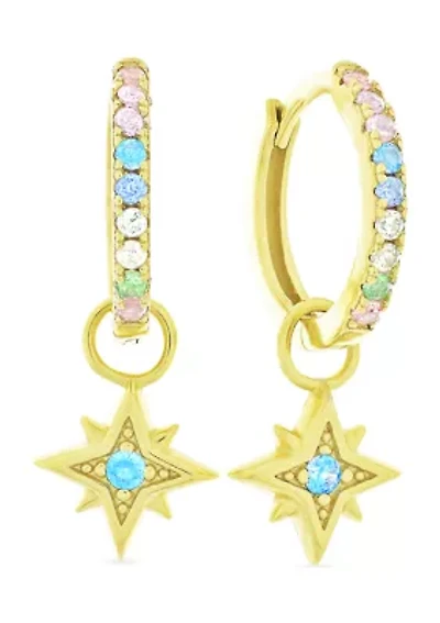 Rainbow Cubic Zirconia Dangle Starburst and Huggie Earrings in 14K Gold Plated Sterling Silver