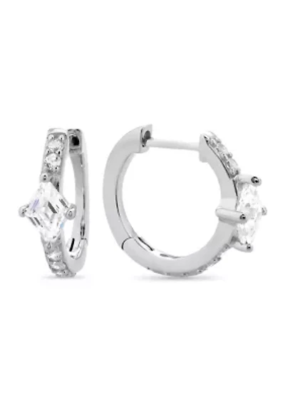 Sterling Silver Diamond Cubic Zirconia Center Huggie Hoop Earrings