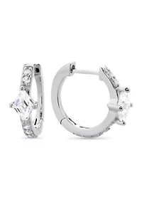 Sterling Silver Diamond Cubic Zirconia Center Huggie Hoop Earrings