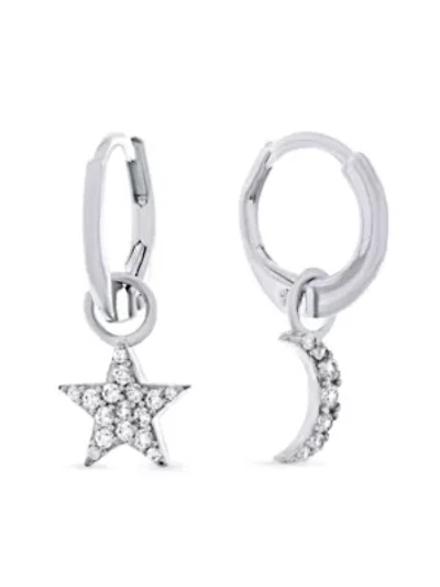 Sterling Silver Cubic Zirconia Moon Star Dangle Huggie Hoop Earrings