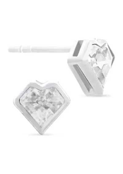 Cubic Zirconia Bezel Heart Stud Earrings in Sterling Silver