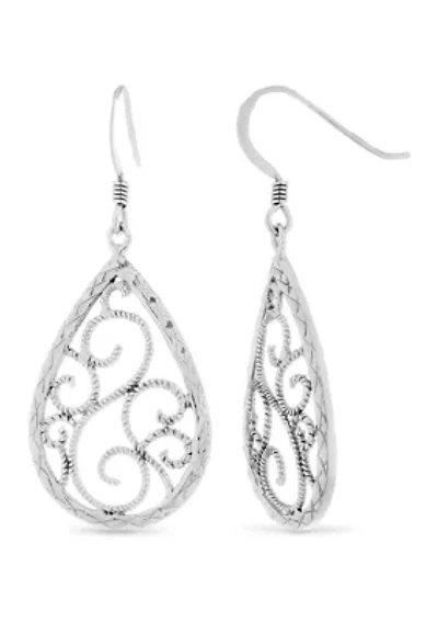 Sterling Silver Filigree Diamond Cut Pear Drop Earrings
