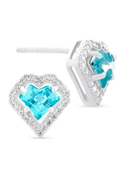Aqua Blue Cubic Zirconia Heart Frame Stud Earrings in Sterling Silver