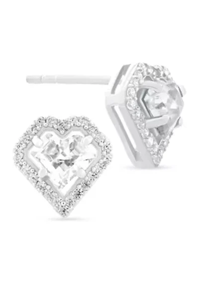 Cubic Zirconia Heart Frame Stud Earrings in Sterling Silver