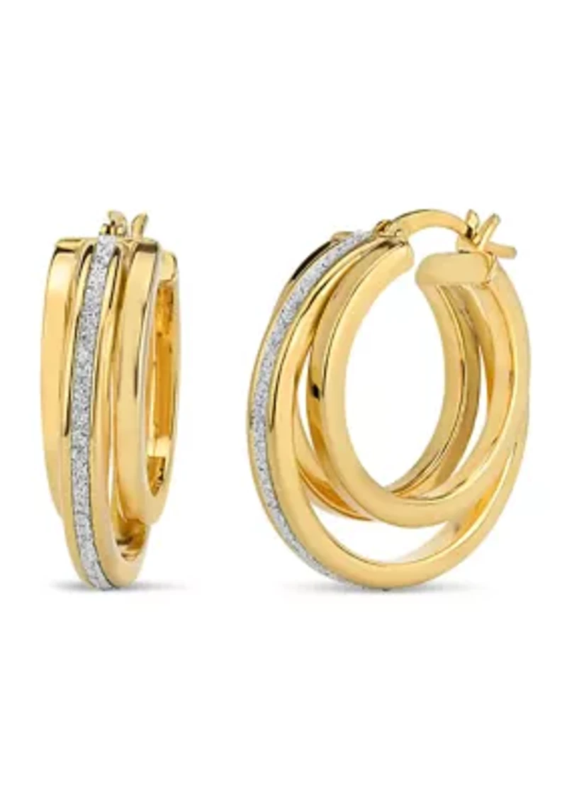 Gold Plated Sterling Silver Glitter Polished Triple Hoop Earrings