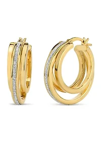 Gold Plated Sterling Silver Glitter Polished Triple Hoop Earrings