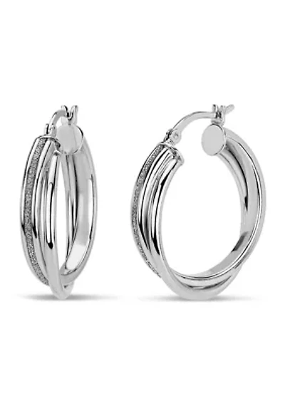  Sterling Silver Glitter Polished Double Hoop Earrings 