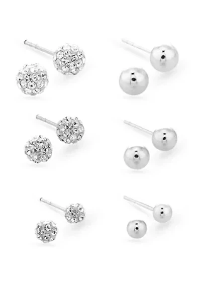 Lab Created Clear Crystal and Polished Ball 6 Pair Earring Set in Sterling Silver