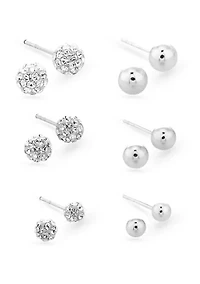 Lab Created Clear Crystal and Polished Ball 6 Pair Earring Set in Sterling Silver