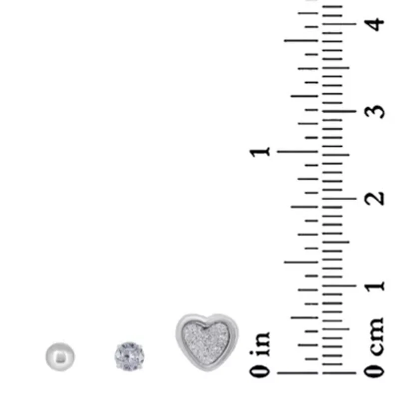 Lab Created Sterling Silver White Cubic Zirconia 4mm Round, Ball and Glitter Heart Stud Earring Set