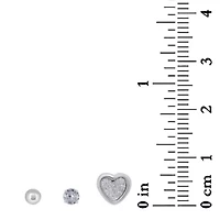 Lab Created Sterling Silver White Cubic Zirconia 4mm Round, Ball and Glitter Heart Stud Earring Set