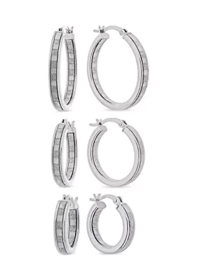 Graduated 3 Pair Glitter Hoop Earring Set in Sterling Silver