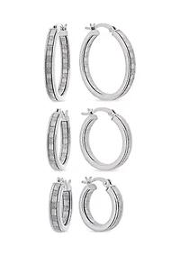 Graduated 3 Pair Glitter Hoop Earring Set in Sterling Silver