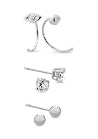 Sterling Silver Cubic Zirconia Evil Eye Hoop, Ball, and Cubic Zirconia Stud 3 Pair Earrings Set