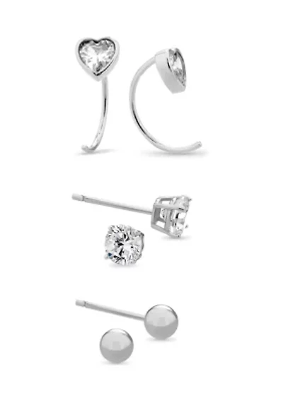 Sterling Silver Cubic Zirconia Heart Hoop, Ball, and Stud 3 Pair Earring Set