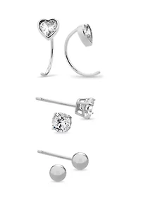 Sterling Silver Cubic Zirconia Heart Hoop, Ball, and Stud 3 Pair Earring Set