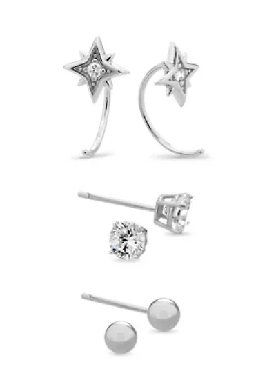Sterling Silver Cubic Zirconia Starburst Hoop, Ball, and Stud 3 Pair Earring Set