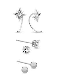Sterling Silver Cubic Zirconia Starburst Hoop, Ball, and Stud 3 Pair Earring Set