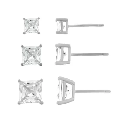 Sterling Silver Square Cubic Zirconia 3 Pair Stud Earring Set
