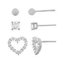 Sterling Silver Heart, Ball and Cubic Zirconia 3 Pair Stud Earring Set