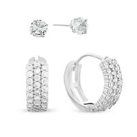 Sterling Silver Triple Row Huggie and Cubic Zirconia Stud 2 Pair Earring Set