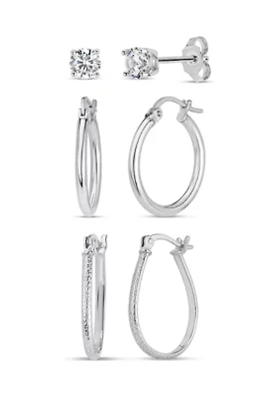 Lab Created 2 Pair Hoops and White Cubic Zirconia Stud Earring Set in Sterling Silver
